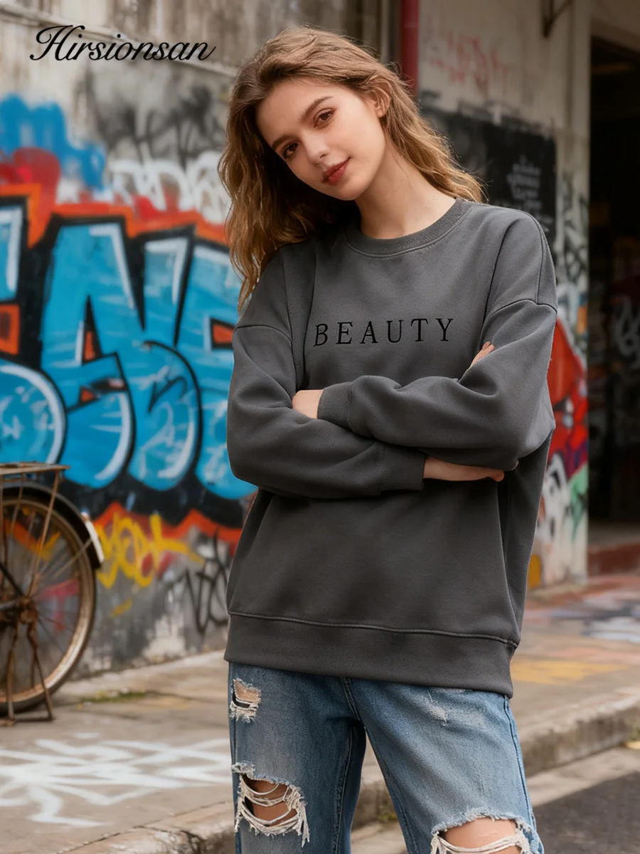 

Hirsionsan флисовый свитшот с круглым вырезом «BEAUTY» с надписью Ins, женский осенний свитшот 202, новое поступление