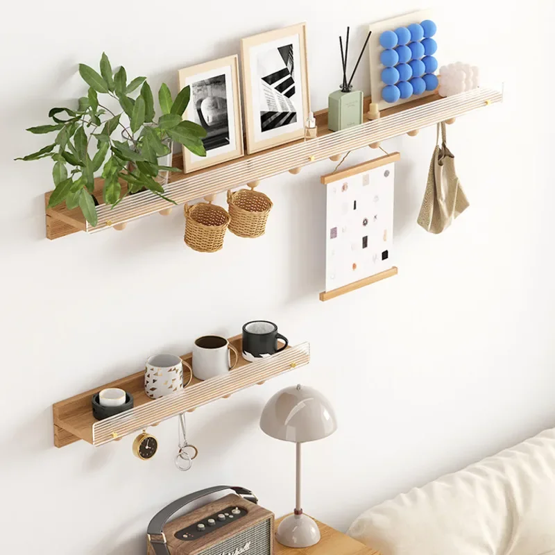 No Hole Wooden Wall Hanging Storage Shelf Acrylic Baffle Key Hook Closed Door Design One-Word Partition Kitchen Organizer Rack