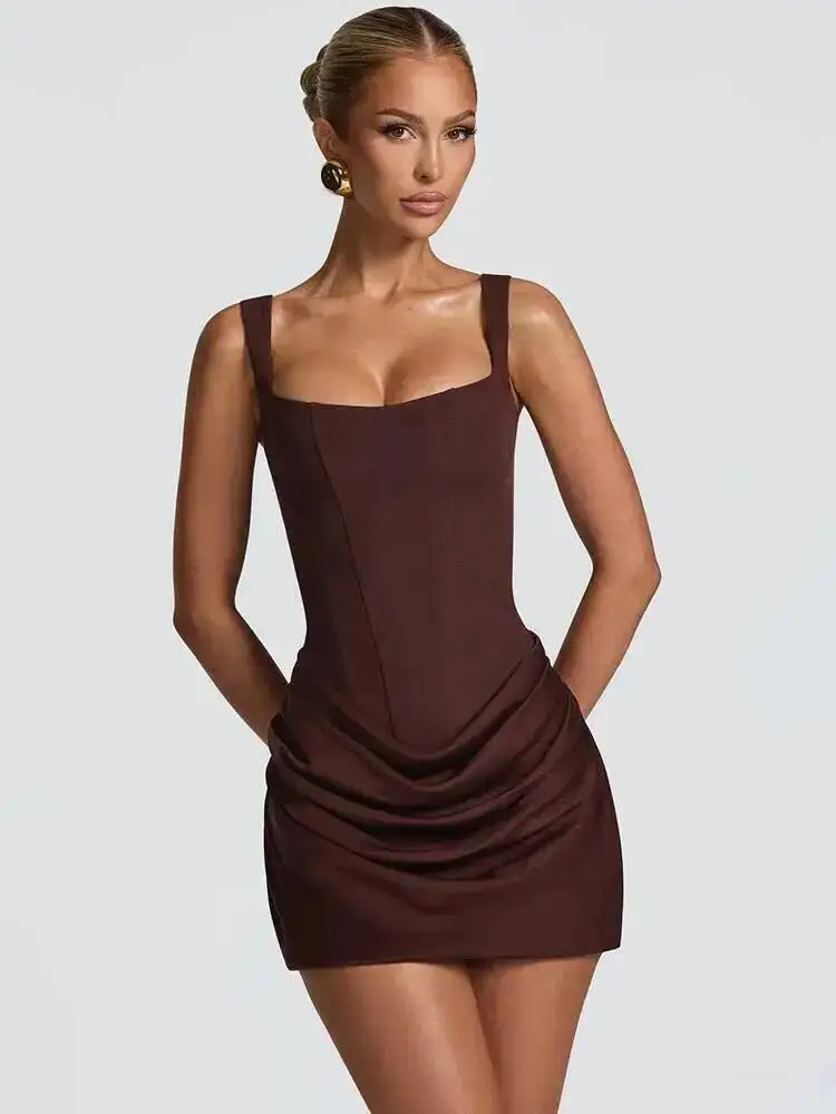 Mozision Rückenfreies, gerüschtes, sexy Minikleid für Damen, elegante, konische Träger, quadratischer Kragen, ärmellos, hohe Taille, Club-Partykleid