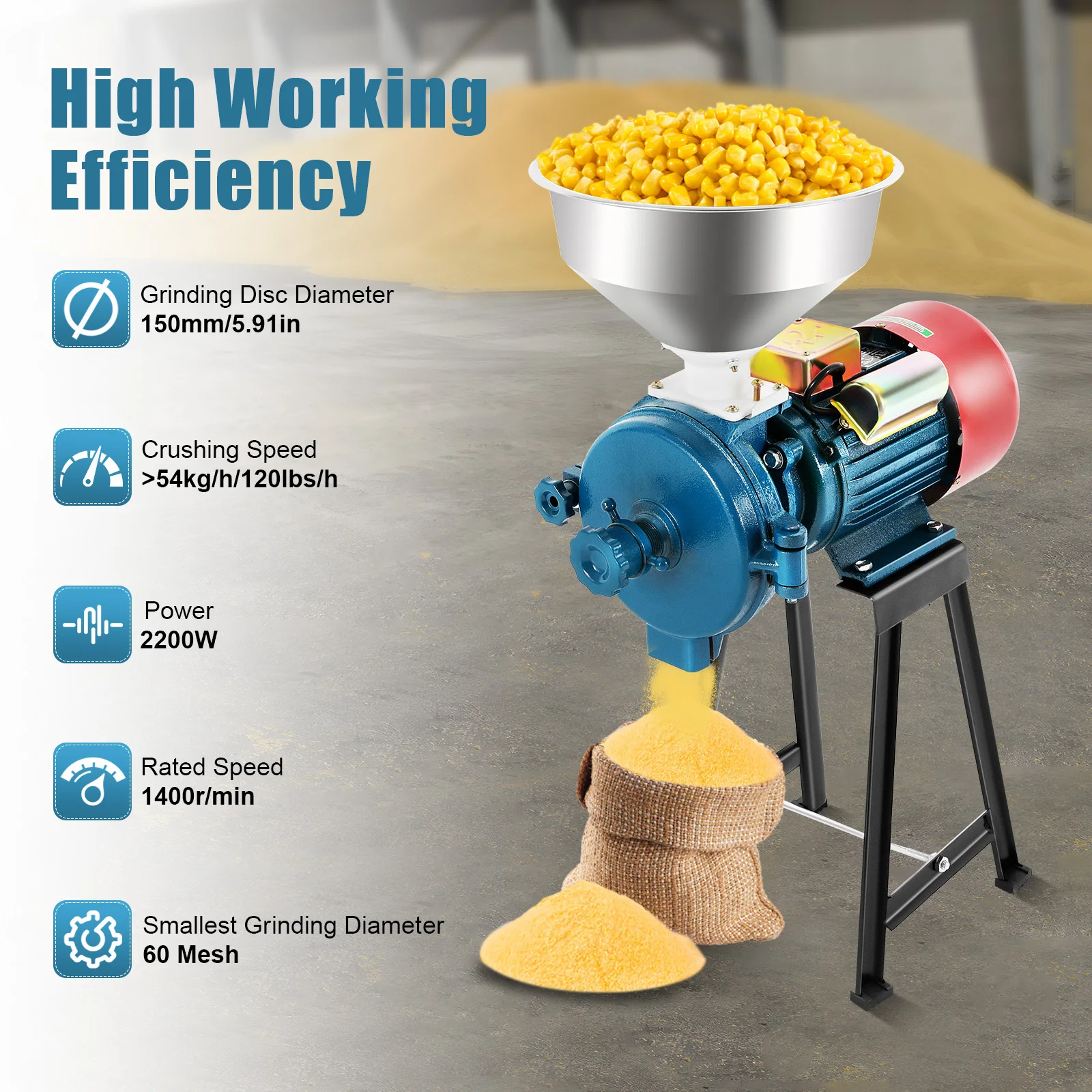 Image of Smerigliatrice elettrica per cereali Smerigliatrice per mais 220V 2200W Smerigliatrice per mais commerciale Smerigliatrice per mangimi Smerigliatrice per grano secco con imbuto cod004