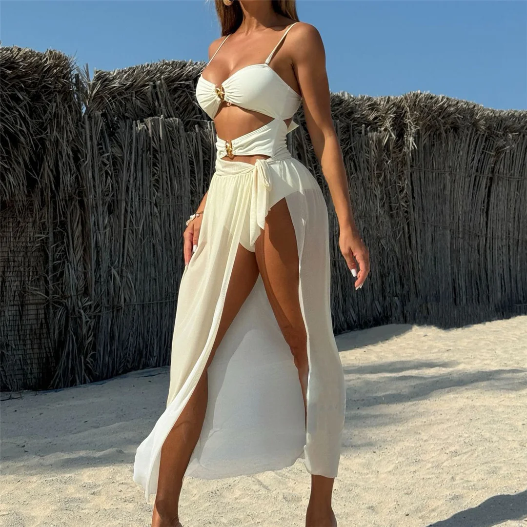 Sexy Badeanzug mit Sarong-Ausschnitt und Metallring für Damen, einteiliger Badeanzug, Damen-Badeanzug mit Knoten und hohem Beinausschnitt, Badebekleidung, Badeanzug V6277 – Detail 12