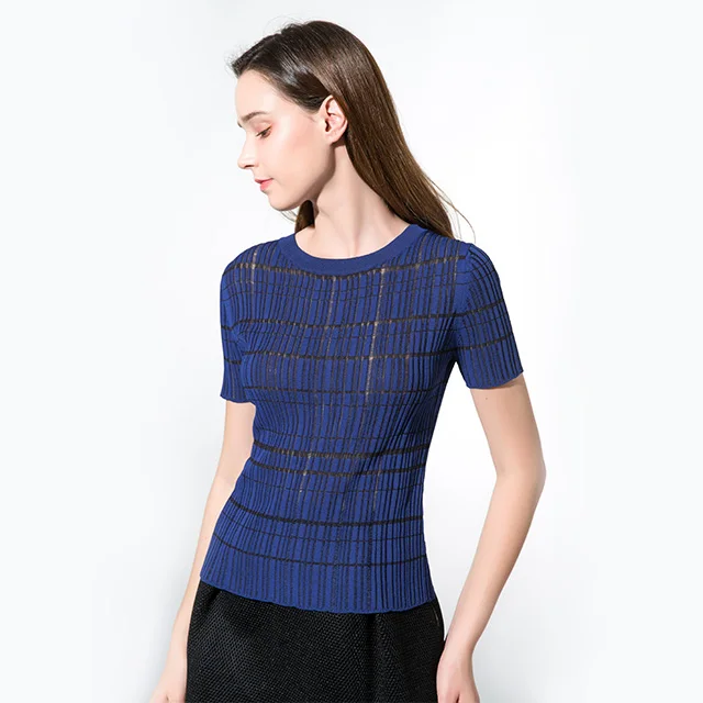 

Синий вязаный универсальный топ с ажурным узором для повседневной носки, спортивный, с круглым вырезом, от G-ZEN COLLECTION для женщин