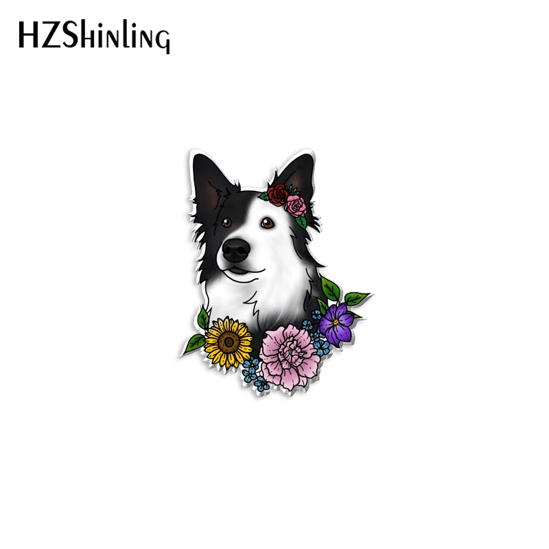 2023 New Collie with Flowers Acrylic Lapel Pin German Shepard Rottweiler Dog Epoxy Butterfly Clasp Pin Handmade Butterfly Brooch