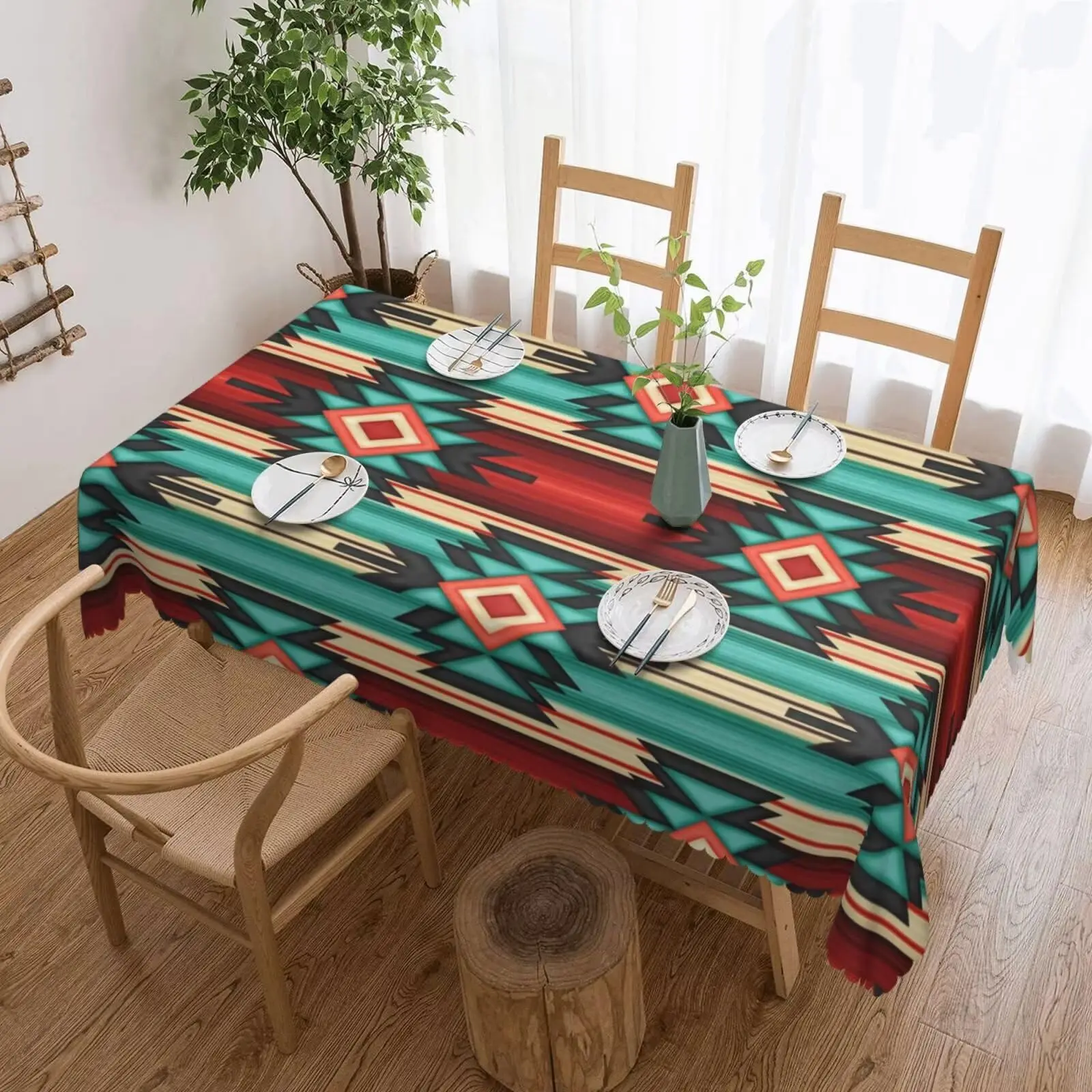 Navajo Western Rectangle Tablecloth Southwestern American Ethnic Aztec Print Table Cloths Green Red Geometric Stripe Washable
