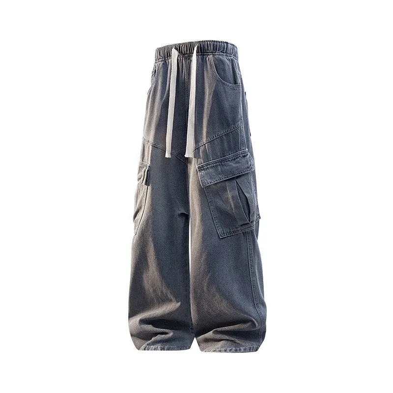 Men's Washed Denim Cargo Pants Elastic Waist Drawstring Wide Leg Baggy Jeans with Multi Pockets Streetwear