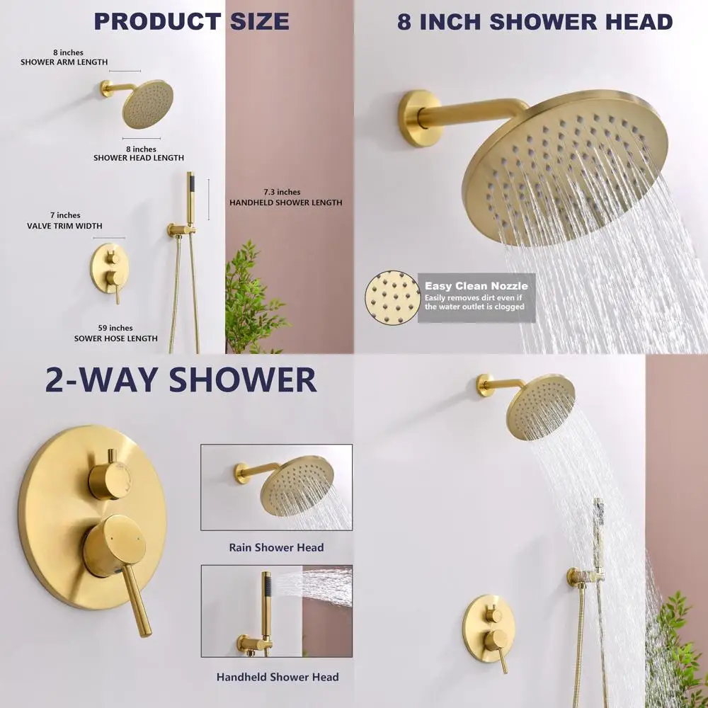 

8 Brushed Gold Rain Shower System with Handheld Combo and Round Head
