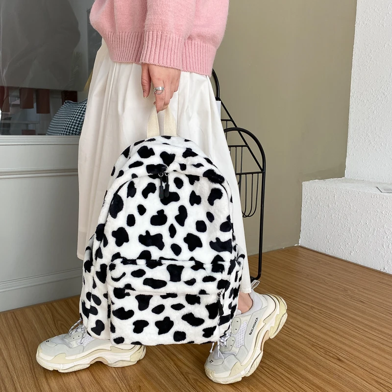 Soft Plush Backpack For Women Large Capacity Girl School Bag Cute Cow Pattern Rucksack Winter New Travel Knapsack