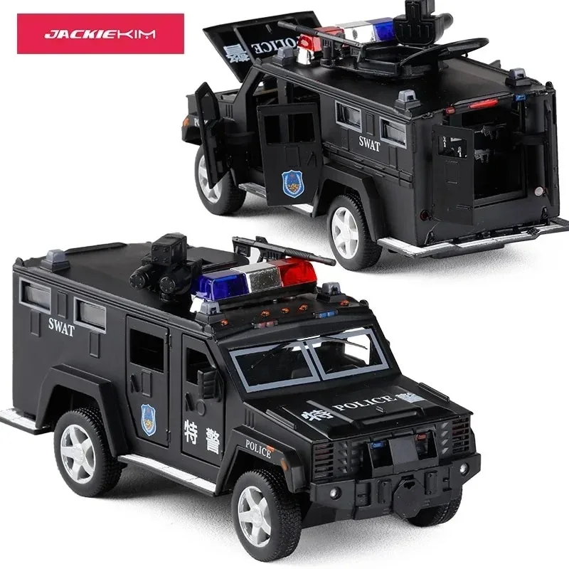 Nowy 1:32 policja SWAT przeciw wybrzeżeniu pojazd opancerzony ciężarówka aluminiowy Model samochodu z muzycznym migającym wycofaniem dla zabawki dla dziecka