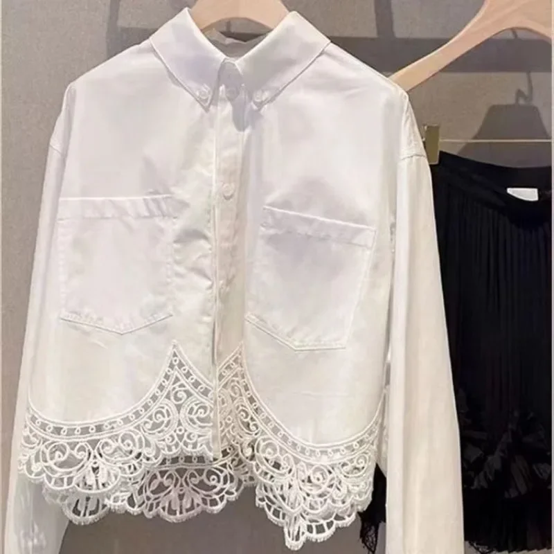 

Femme Spring Summer Korean Fashion Button Patchwork Lace Solid Color Polo Collar Women Shirts Fashionable Long Sleeve Cardigan