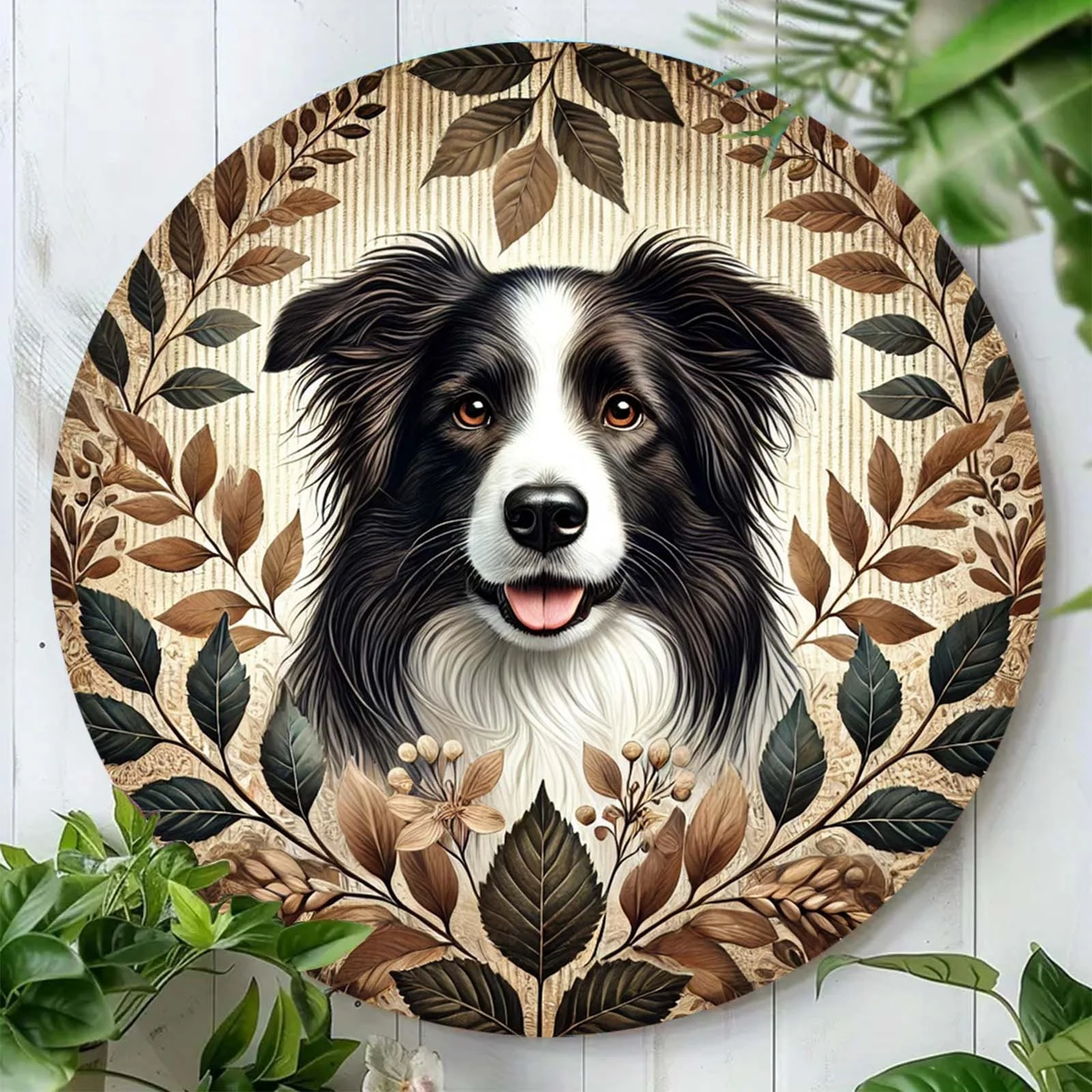 2D Flat - 1pc of 2D Flat Printed Metal Sign Featuring a Border Collie Sculpture, Measuring 7.8X7.8inch. This Round Decorative Si