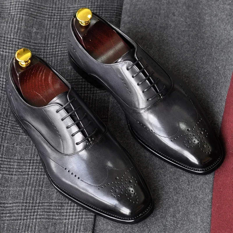 

2024 New Business Formal Men's Shoes Genuine Leather Block Carved Square Toe Lace Up Oxford Shoes