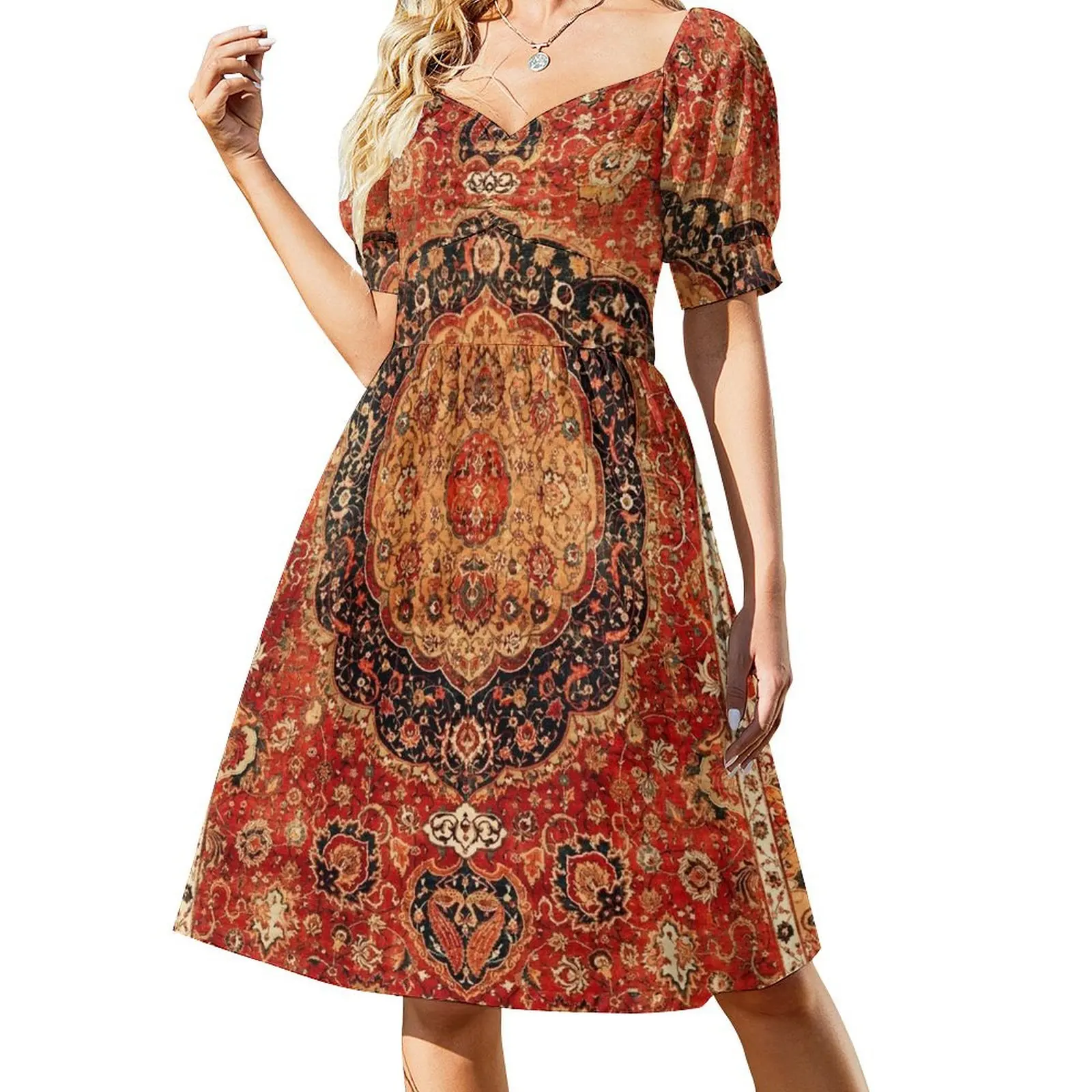 Seley Antique Persian Rug Print Short Sleeved Dress Casual dresses elegant chic wedding evening dresses dress party night Dress