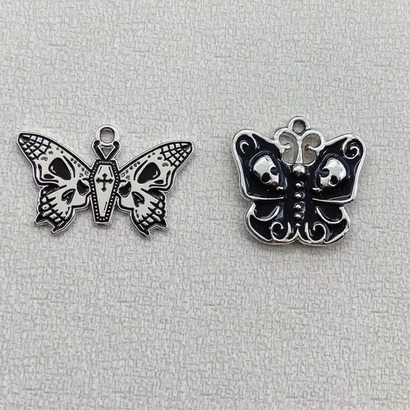

10 PCs Halloween Enamel Charms Pendants Silver Color Black Butterfly Animal Skeleton Skull Metal Pendants DIY Making Jewelry