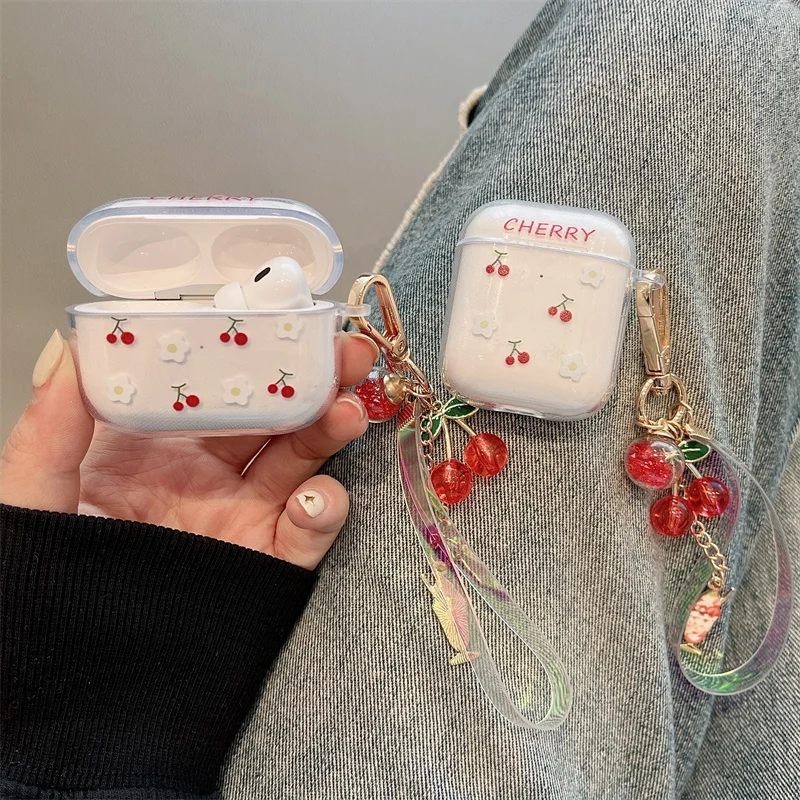 Ins lindo llavero de cereza para Apple AirPods 4 funda para auriculares inalámbricos Bluetooth para AirPods 3 Pro 2 funda suave para caja de auriculares