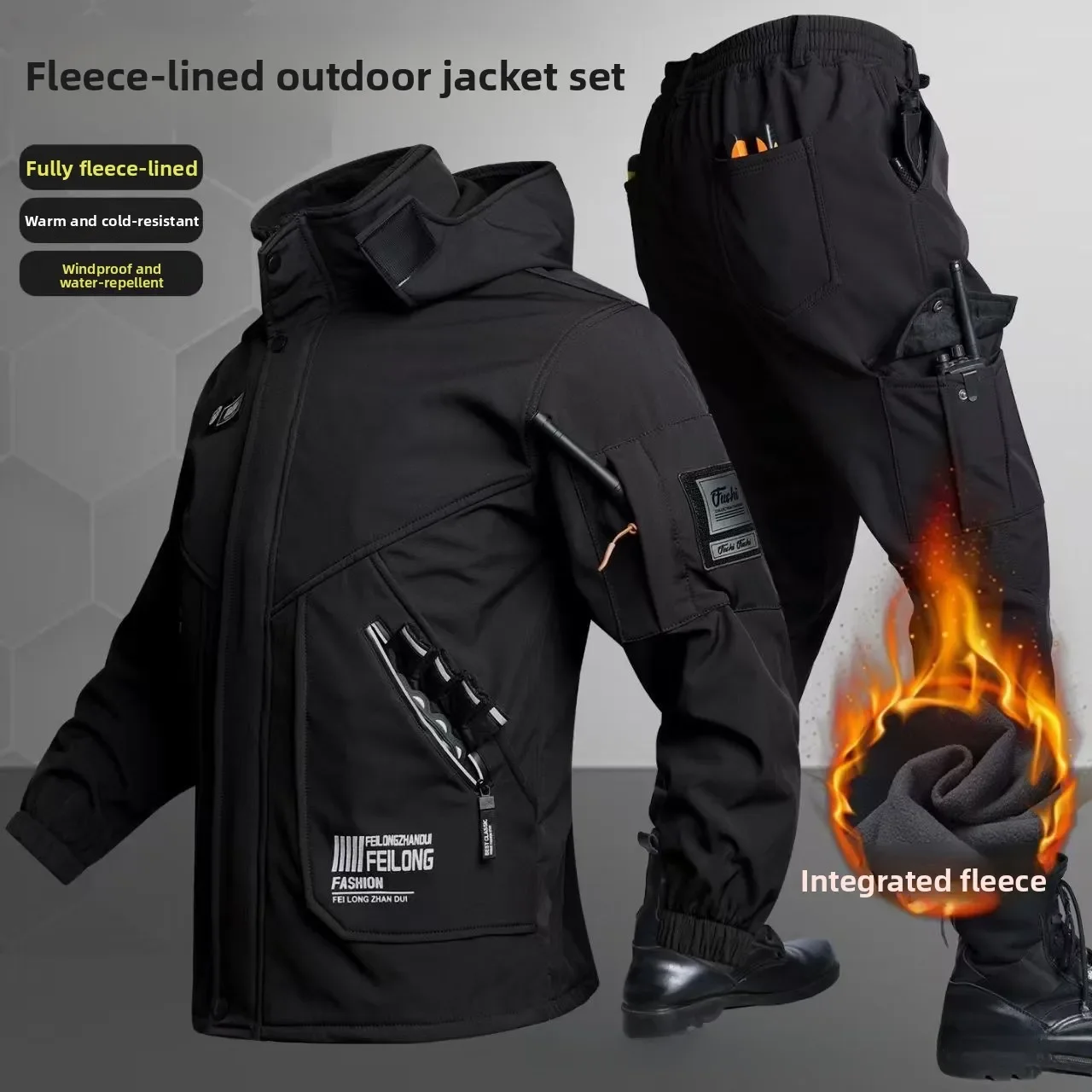 Thickened Fleece Autumn Winter Outdoor Climbing Clothes Set Men's Casual Wear Resistant Windproof Waterproof Workwear Jacket