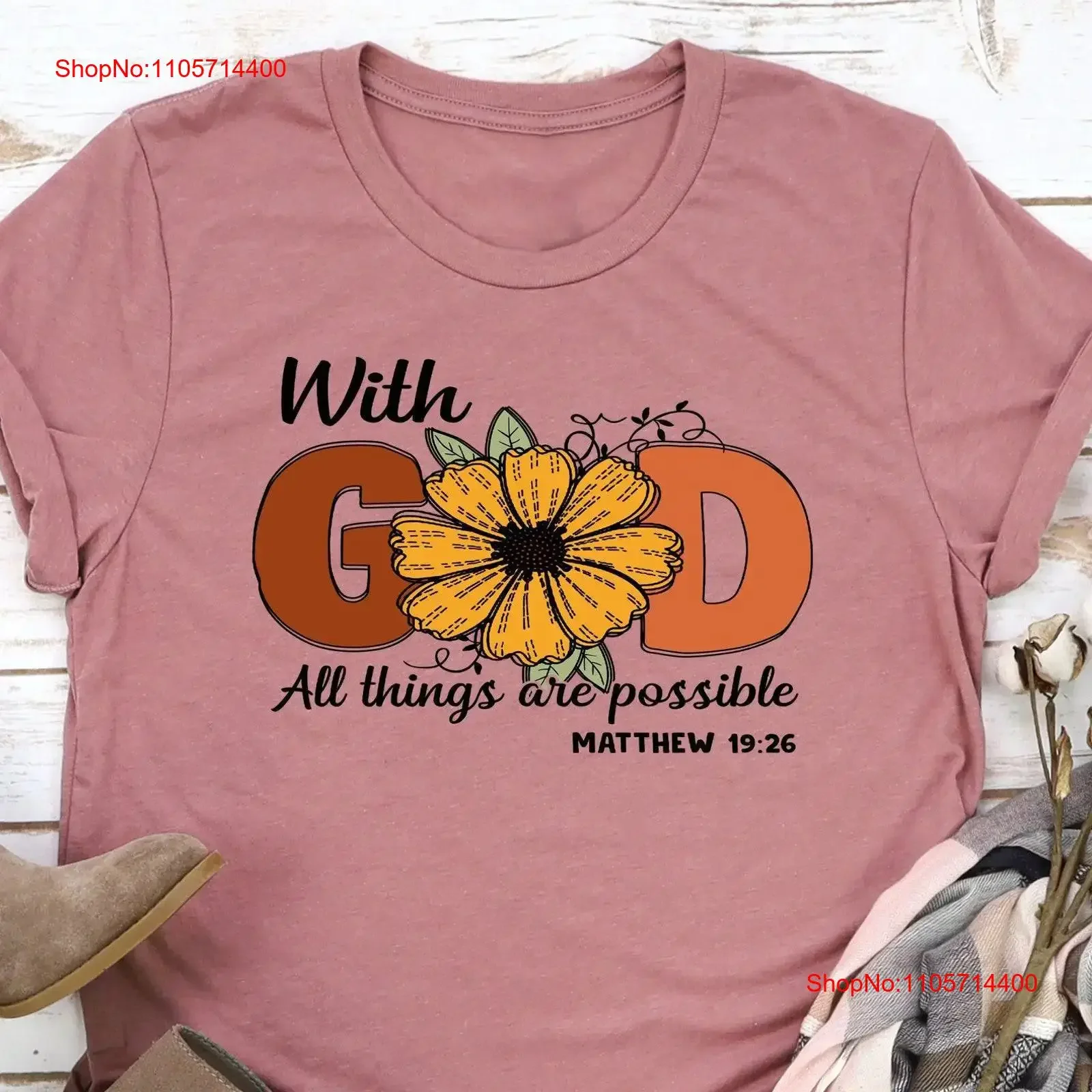Thanksgiving T Shirt With God All Things Are Possible Bible Verse Religious for Women Flower Prayer vintage Washed fashion