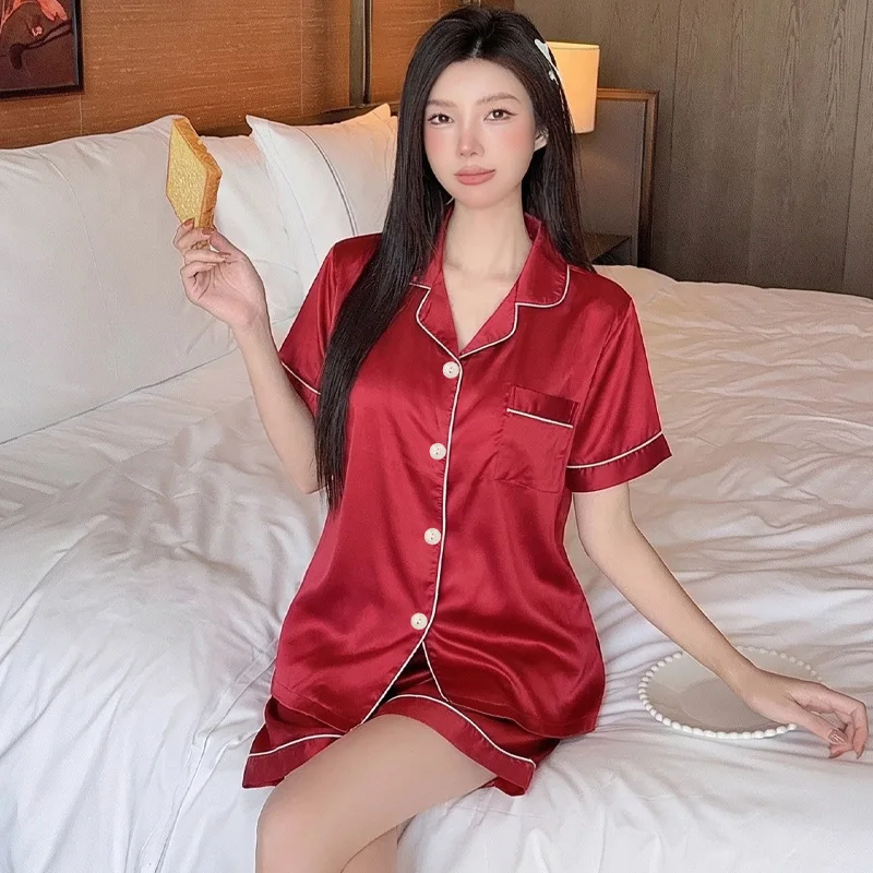 New Arrival: Women's Short-Sleeve Ice-Silk Two-Piece Pajama Set—red, Loose-Fitting, Cool-to-the-Touch, Comfortable Loungewear
