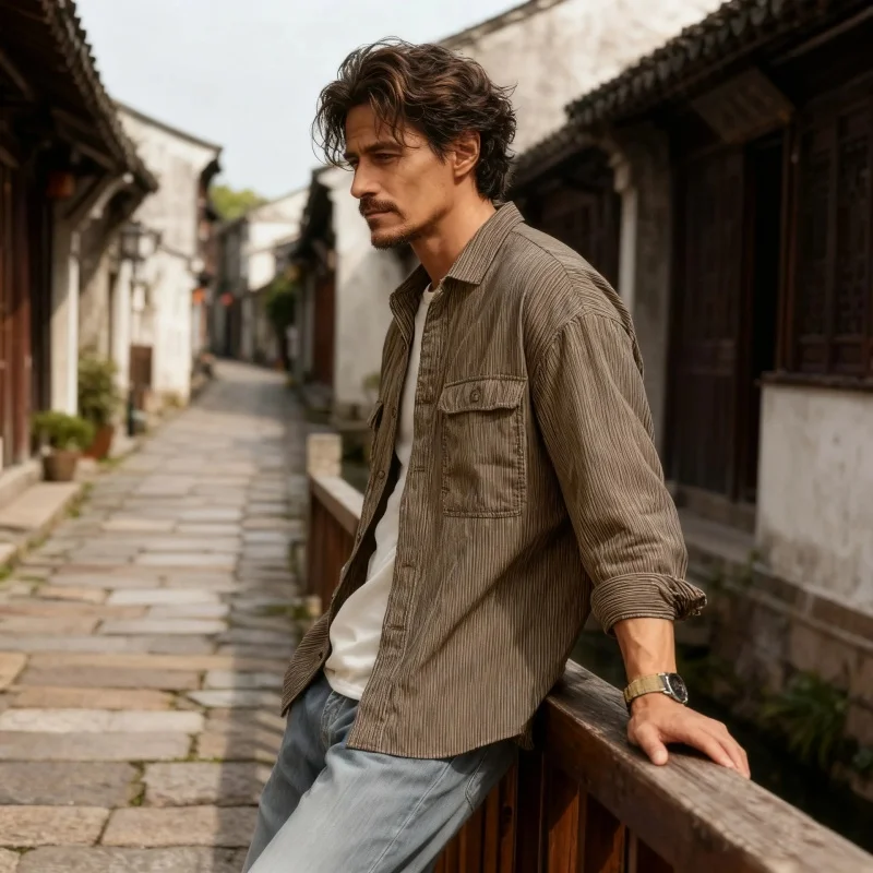 Camicia a maniche lunghe da uomo, moda di alta moda, casual e ampia, cardigan abbottonato taglie forti, camicia sportiva a righe da uomo