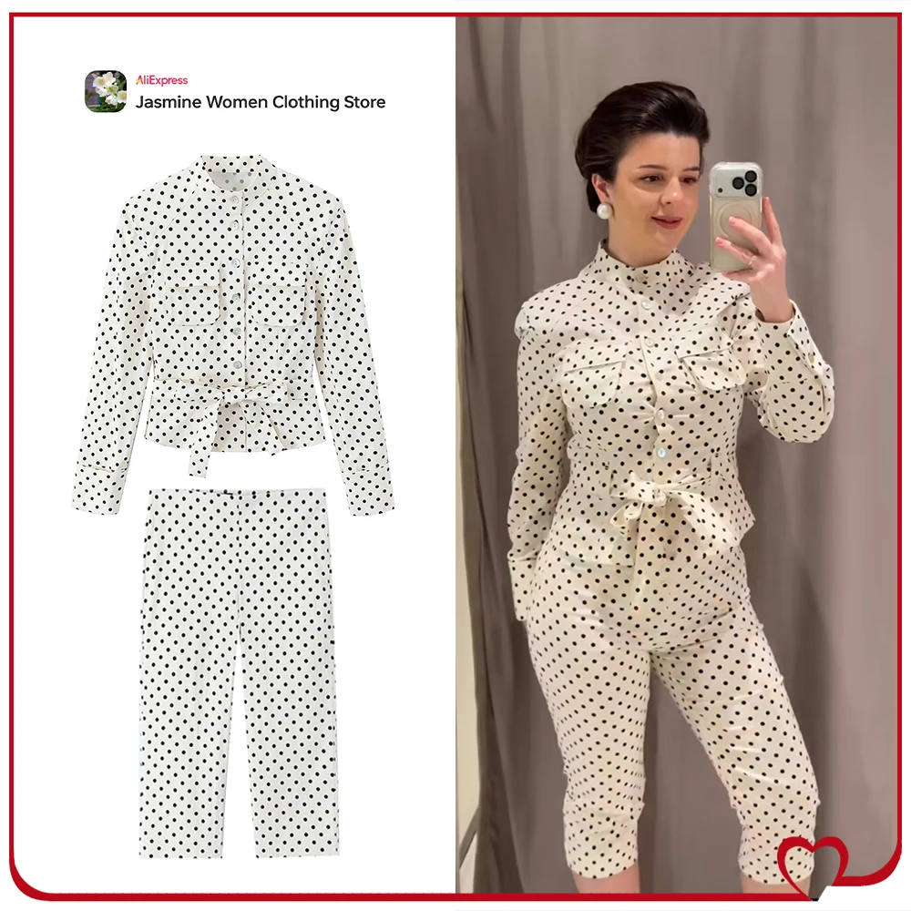 New in Spring Polka Dot Matching Sets for Women Stylish Fitted Co-ord Sets Polka Dot Belted Shirt Jacket + Mid-rise Capri Pants