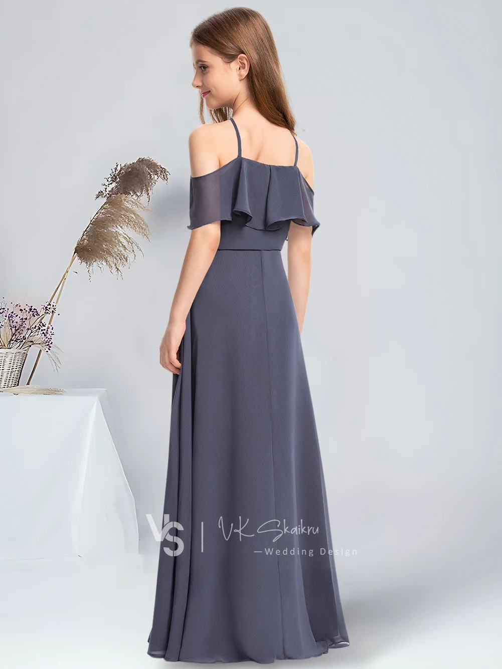 A-line Cold Shoulder Halter Floor-Length Chiffon Junior Bridesmaid Dress With Cascading Ruffles Flower Girl Dress for Wedding