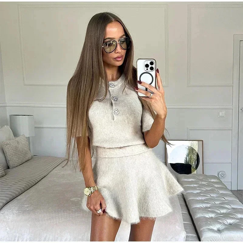 Fashion Knitted Single Breasted Sweater Sets Women Solid O Neck Slim Half Sleeve Tops A-line Mini Skirts 2024 Autumn Lady Outfit