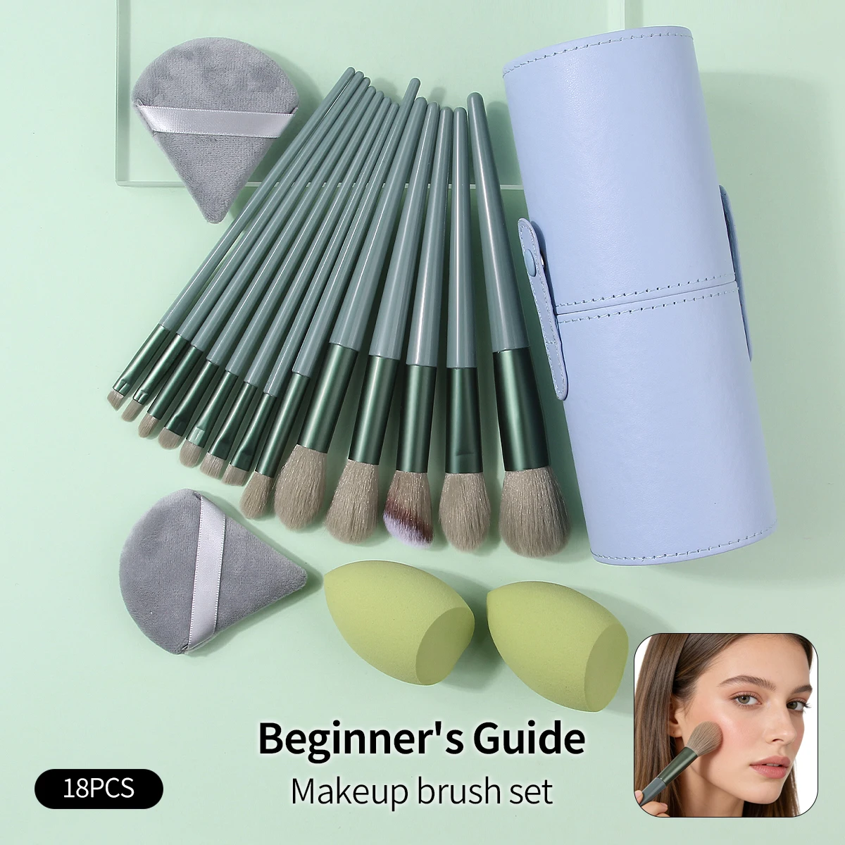18-teiliges tragbares und praktisches Make-up-Pinsel-Set – Gesichtspinsel-Set + weicher Make-up-Schwamm/Blotting-Pad + Aufbewahrungsbehälter