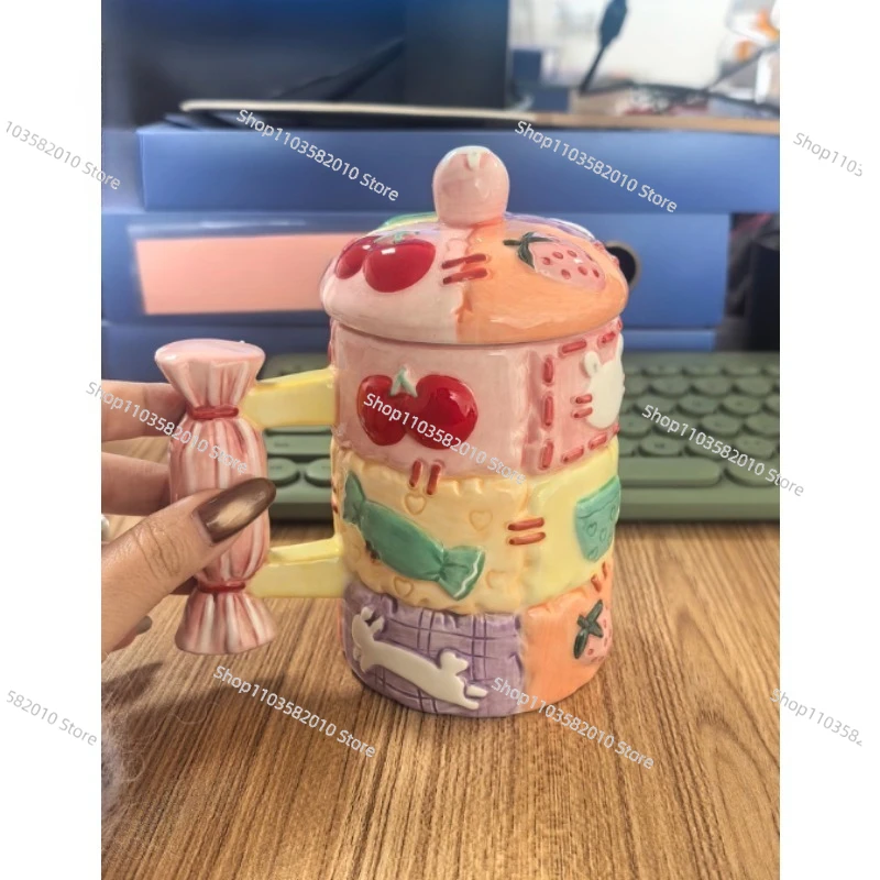 

Heat-Resistant Ceramic Mug - Pink Candy Patchwork Design with Lid, Gift