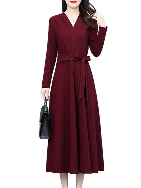 Ele Red V-ne スリミング ロング Sve Dr レディース ファイオン ハイウエスト A ライン スカート 韓国 Sle 通勤 秋 新着