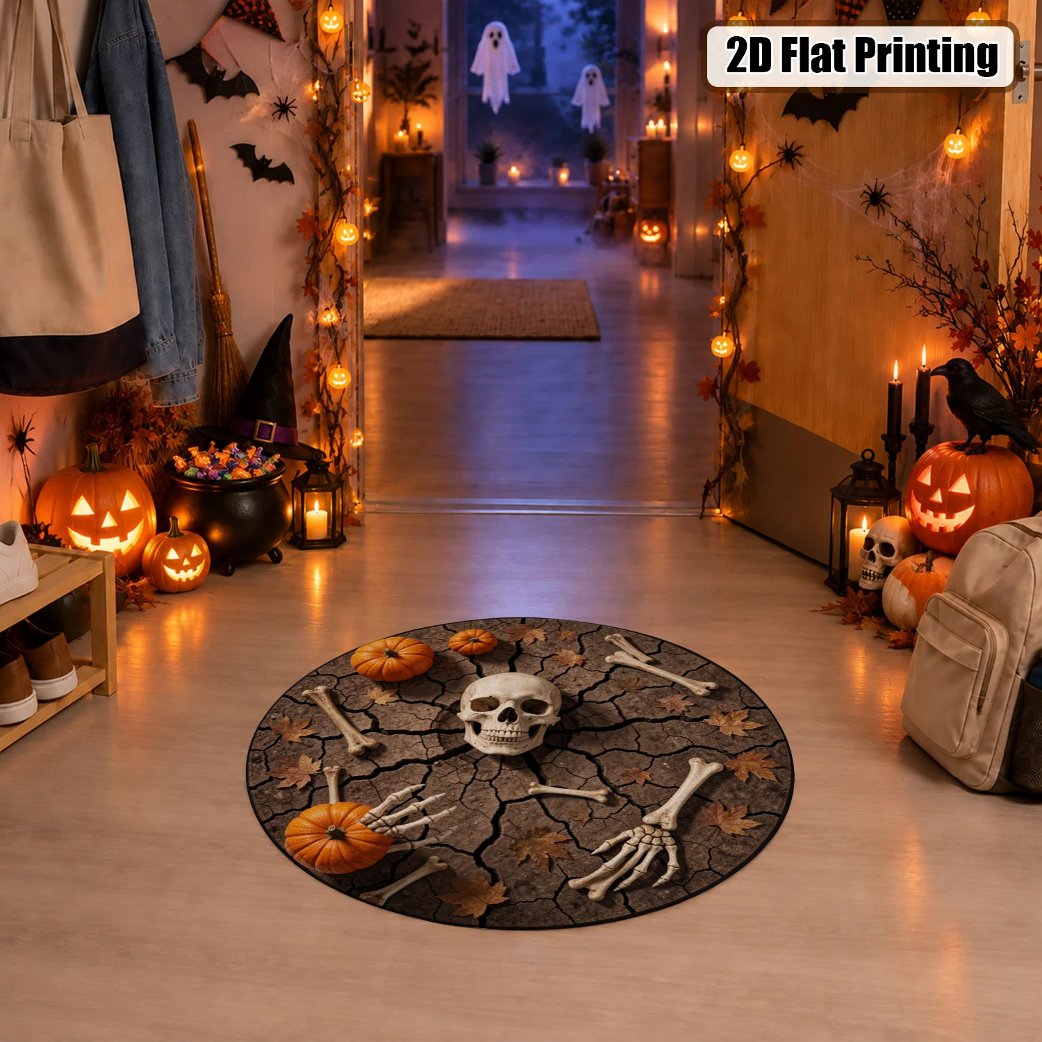 Skull Bones Pumpkin Autumn Crack Pattern Round Velvet Rug Machine Washable for Living Room Bedroom Entryway Halloween Thanksgiving Black Friday Cyber Monday Christmas New Year