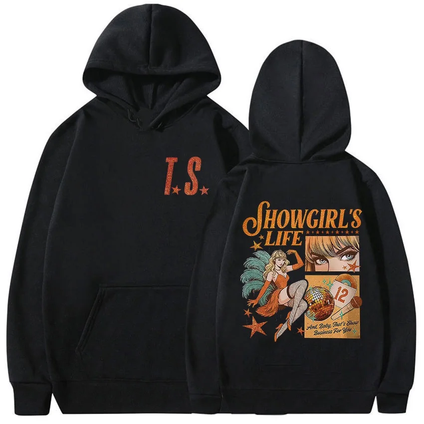 TS حياة جولة Showgirl 2025 Merch الخريف/الشتاء الرجال النساء موضة ريترو هوديي عادية اضافية كبيرة قلنسوة من القطن