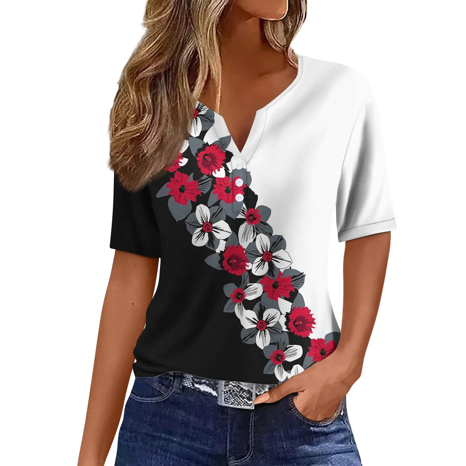 Women\'s Clothing Summer 2024 Tee Print Button Short Sleeve Daily Weekend Fashion Basic Top Dress Blouses