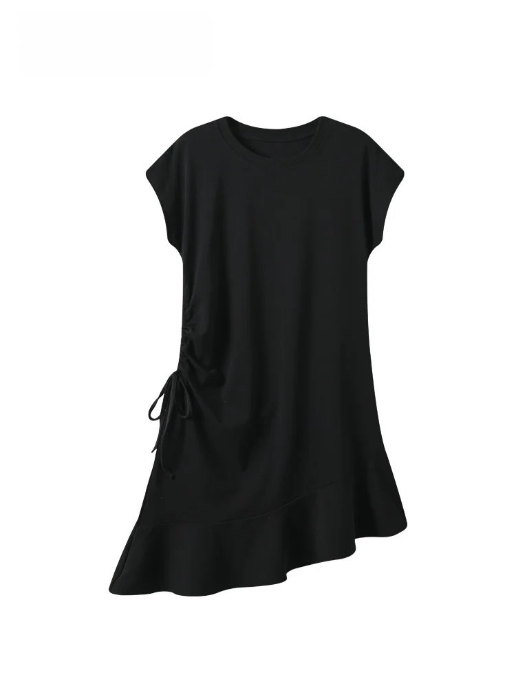 

Summer New plus Size Irregular Short Sleeve Dress Women's Fashion Slimming Fly Sleeve A-Line Skirt High Waist Polyester Fiber
