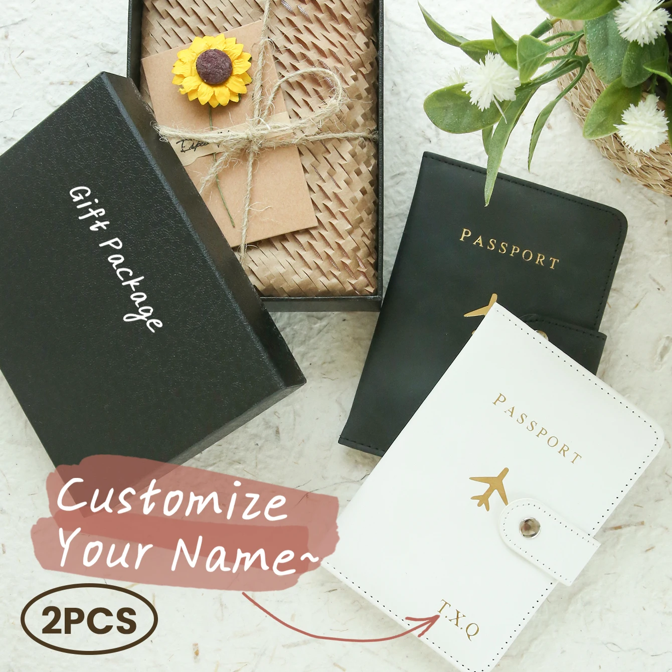 Juego de porta pasaporte para pareja con nombre personalizado, paquete de regalo, conjunto con caja de regalo de viaje de gamuza con monograma dorado personalizado, 2 uds.