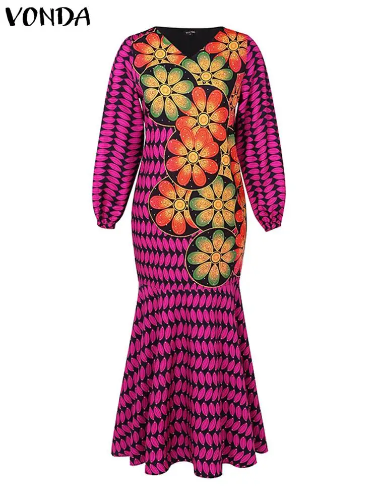 Plus Size VONDA Women Evening Dress 2024 Sexy V Neck Long Lantern Sleeve Sundress Vintage Floral Printed African Dress Vestido