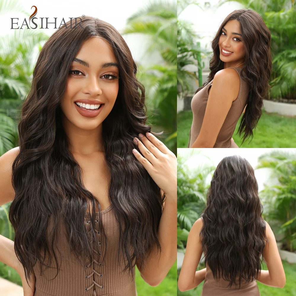 EASIHAIR Dark Brown Black Long Curly Wave Synthetic Lace Front Wigs T Part Pre Plucked Lace Frontal Wig for Afro Brazilian Women