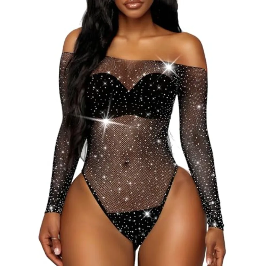 

RSLOVE Women Lingerie Fishnet Bodysuit Sparkle Rhinestone Sexy Mesh Teddy Lingerie