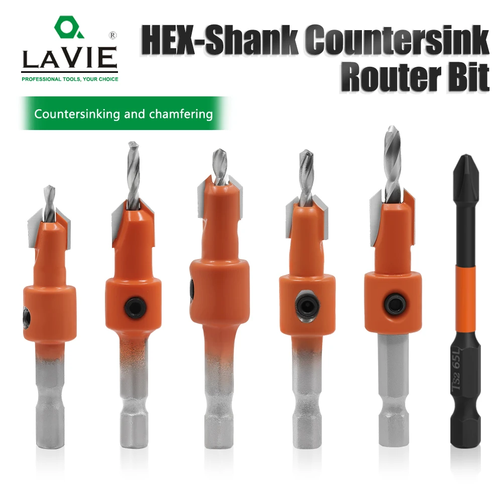 

LAVIE 5-6Pcs Countersink Drill Bit Set, 6.35mm Hex Shank Tapered Cone Drill Woodworking Chamfering Tool For Screw Pilot Hole