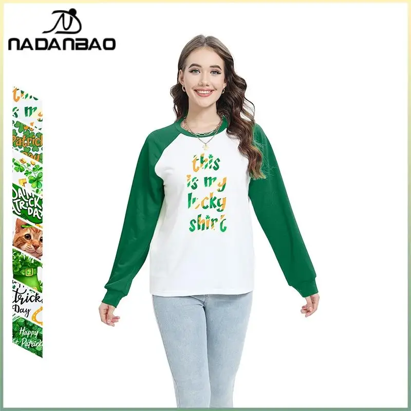 

St'patrick's Lucky Grass Pattern Hot Stamped Hoodie Warm Loose Top Round Neck Pullover Hoodie Street Clothing for Women's