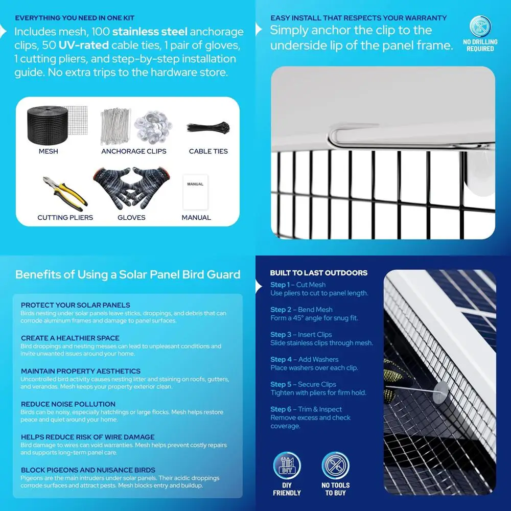 

Комплект защиты от птиц из оцинкованной проволоки (6 x 100 футов) с нержавеющими зажимами, плоскогубцами, перчатками — без сверления, барьер от грызунов для установки под панелями