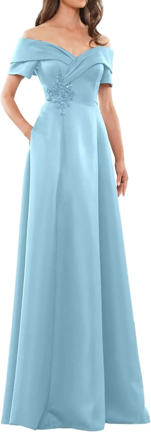 Strapless Satin Mother of The Bride Dresses A Line Beaded Floral Long Wedding Guest Gowns for Women with Pockets