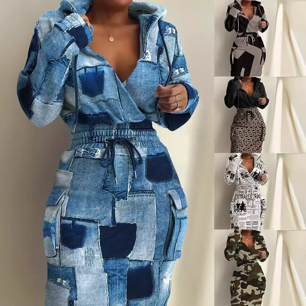 2023 신상 여성 프린트 허리 조임 드레스 포켓 포함 패셔너블한 미드웨이스트 A라인 스커트 긴팔 폴리에스터 드레스