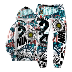 European Style New NK Letter Hip-hop 3D Digital Printing Fashion Casual Sports Youth Men and Women Hoodie Long Pants 2-Piece Set