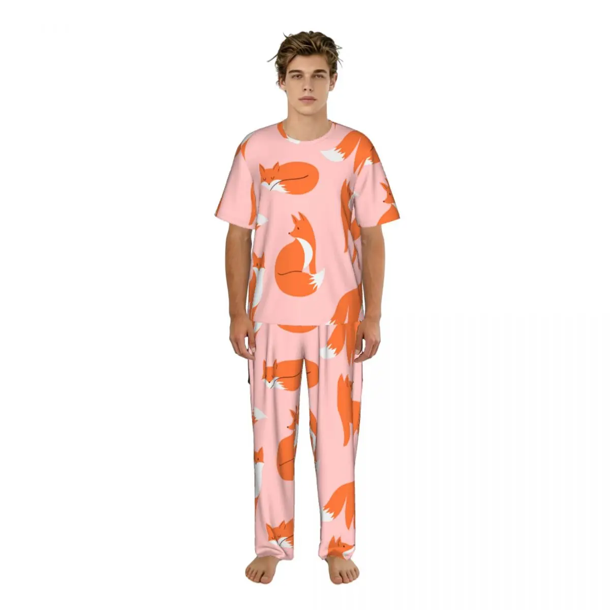 

Men's Casual Pajamas Sets Short Sleeve and Pants Sets Male Sleepwear Cute Fox Home Clothes