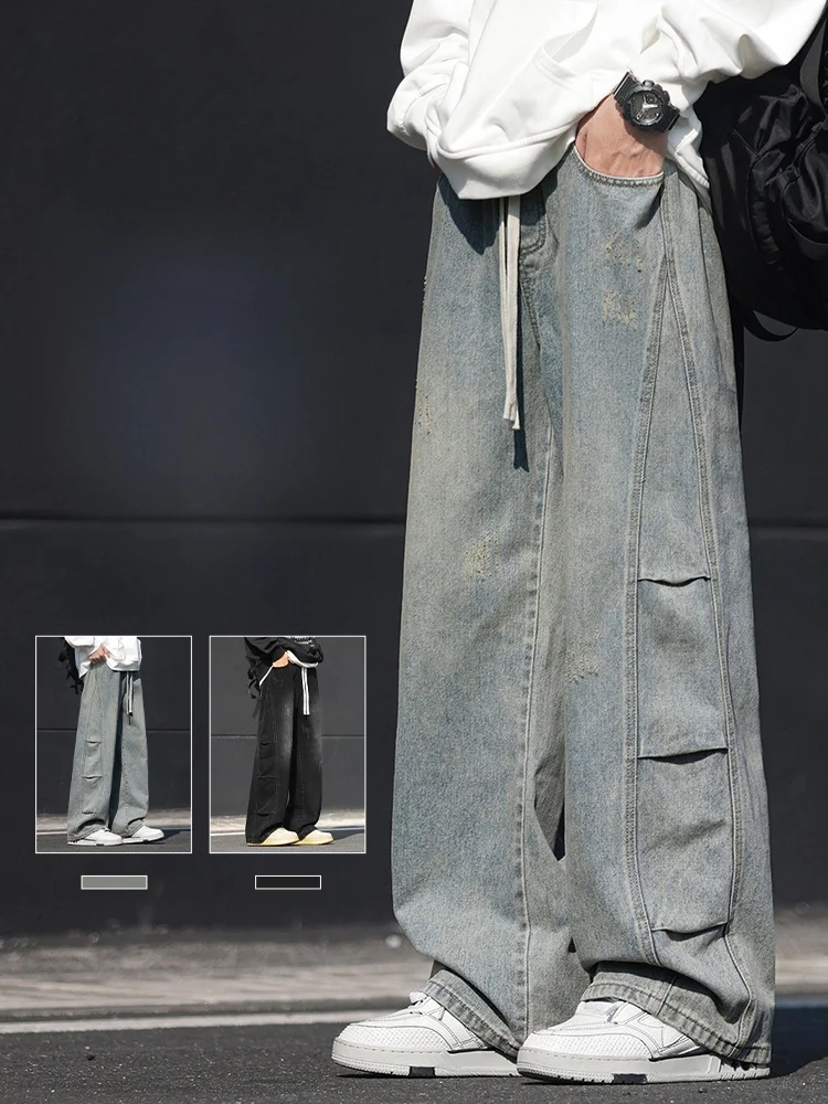 

Patchwork Mud-Dyed Loose Casual Straight Leg Jeans for Men Spring Autumn New Style Youthful Wear Resistant Cotton Blend