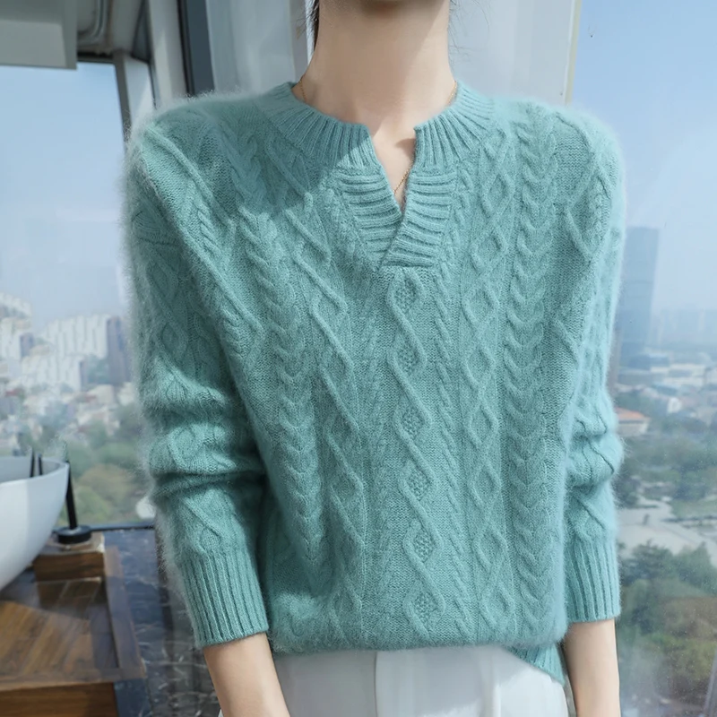 

S-XXXL New autumn and winter knitted women's pullover V-neck sweater, warm and comfortable, 100% mink cashmere women's sweater