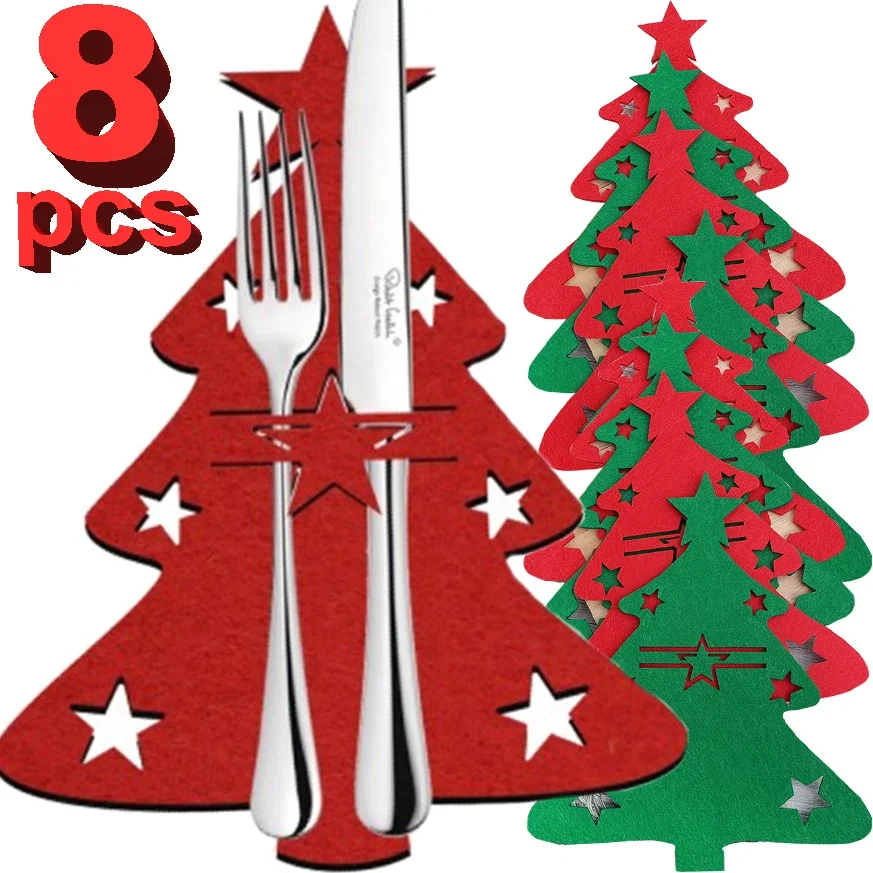 Soportes para cubiertos de árbol de Navidad, tenedor, cuchillo, bolsillo, vajilla, decoración, bolsas, Navidad, Año Nuevo, fiesta, cena, decoración de mesa, fieltro