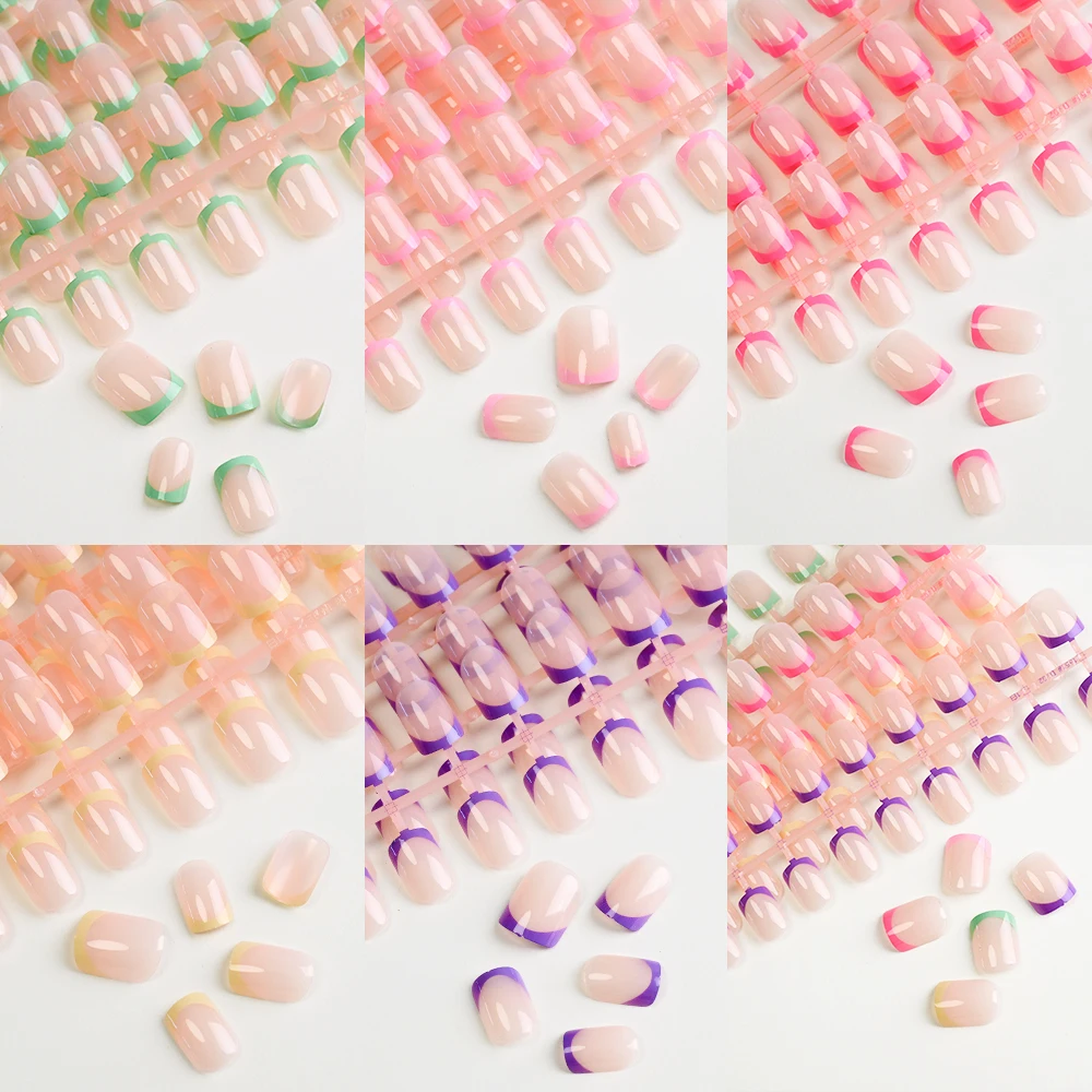 120pcs Colorful French Press on Nails Glassy Short Square Nude False Nails 12sizes Pre-Shaped Full Cover Acrylic Extension Tips