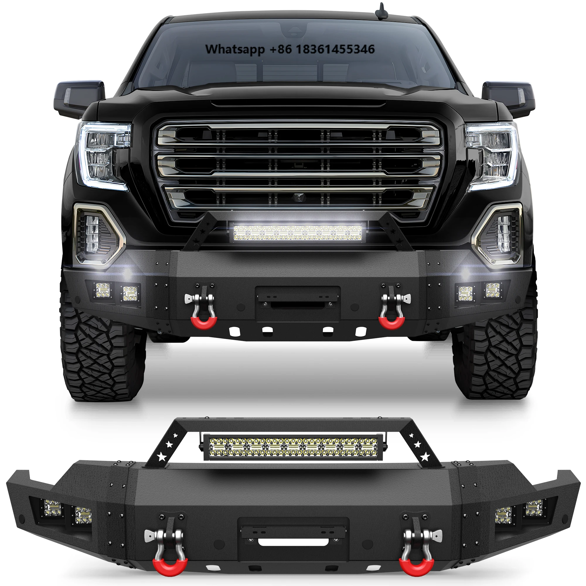

For 2019-2022 Sierra 1500, With LED Lights & Sensor Holes & D-Rings, Textured Black Bumper Ulon New Product Front Bumper