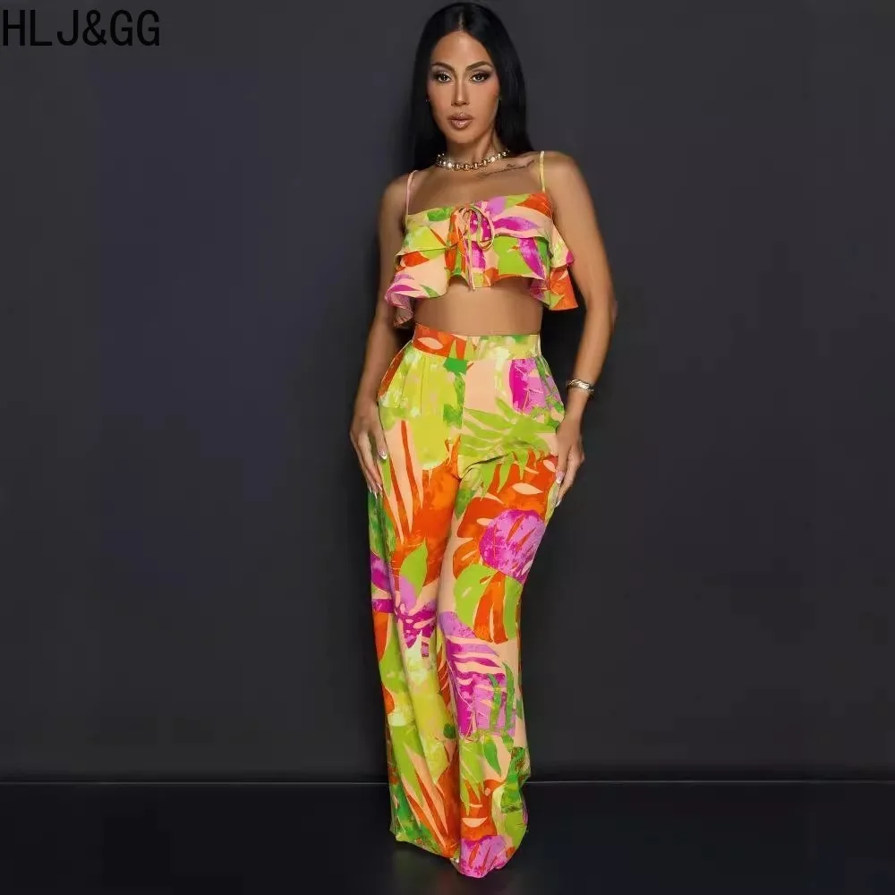 HLJ&GG Fashion Flowers Print Wide Leg Pants 2 Piece Sets Outfits Women Thin Strap Ruffle Crop Tank Tops And Straight Pants Suits