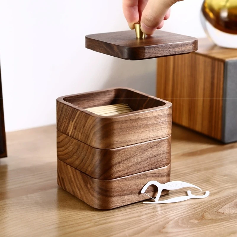 Solid Wood Toothpick Holder with Lid Chinese Style Walnut Tooth Floss Storage Box Household Natural Wood Dental Floss Container